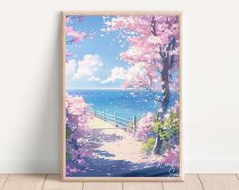 Coastal Sakura Tree Art Print: Cherry Blossoms Spring Seascape Japanese Anime Poster (Digital Download)