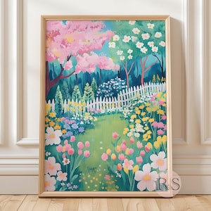 Vibrant Blooming Garden Landscape Painting Art Print | Colorful Spring Blossoms Botanical Flower Garden Printable Art JPG Digital Download