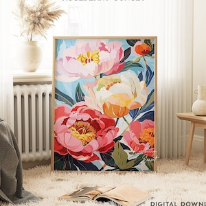 May include: A digital art print featuring a vibrant floral design with pink, yellow, and red peonies on a blue background. The title "Roseberry Sunset" is written at the top of the print.