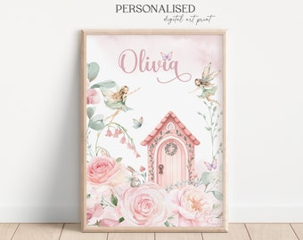 Personalisierter Print Kunstdruck Waldelfe: Rosa verzauberter Wald Wald verschnörkelt (Digitaler Download)