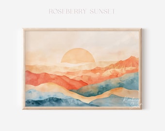 Abstract Mountain Sunset Art Print: Modern Retro Sunset Landscape Sun Watercolor (Digital Download)