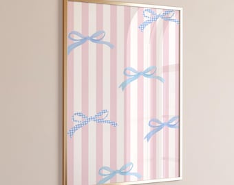 Impressão artística com listras rosa e laços azuis: pôster de sala de estar com laço xadrez azul (download digital)