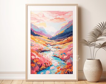 Wildflower Hills River Art Print: Mountain Sunrise Spring Floral Landscape Painting (Digital Download)