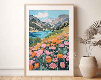 May include: A digital painting of a mountain landscape with a lake in the foreground. The lake is surrounded by green trees and mountains. The sky is blue with white clouds. There are pink and orange flowers in the foreground.