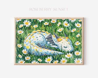 Stampa artistica con fiore di campo e margherita drago addormentato: dipinto per bambini da favola per la cameretta dei bambini (download digitale)