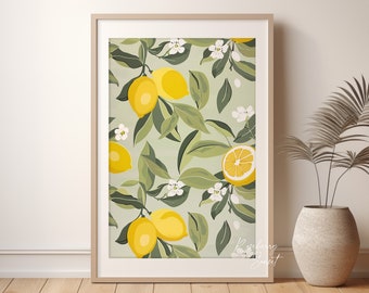 Impressão de arte de limão: pôster de mercado de frutas cítricas botânicas boho com pintura de limões (download digital)