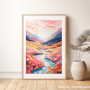 Bright Pink Orange Meadow Wildflower Landscape Art Print | Colorful Spring Summer Sunrise Mountain River Printable Art JPG Digital Download