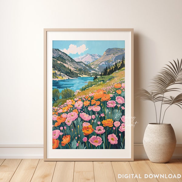 Spring Summer Mountain Wildflower Art Print | Bright Floral Pink Orange Wildflower Mountain Landscape Printable Art JPG Digital Download