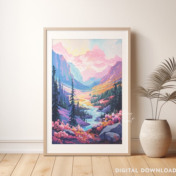 Pink Spring Wildflower Forest Mountain Landscape Art Print | Pink Mountain River Forest Floral Landscape Printable Art JPG Digital Download