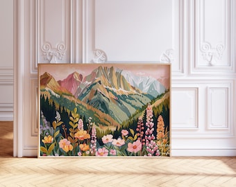 Wildflower Mountain Landscape Art Print: Spring Summer Floral Nature Painting (Digital Download)