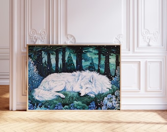 Slapende witte wolf betoverd bos Art Print: Blue Floral Woods Wildlife Painting (digitale download)