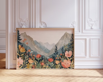 Spring Summer Mountain Landscape Wildflower Art Print | Spring Floral Botanical Mountain Nature Landscape Printable Art JPG Digital Download
