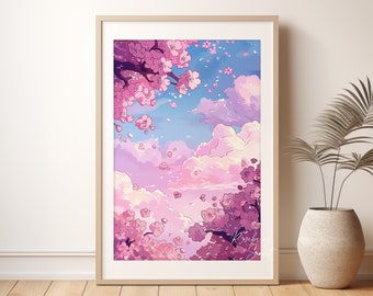 Sakura Tree Pink Skyscape Art Print: Spring Cherry Blossoms Japanese Anime Poster (Digital Download)
