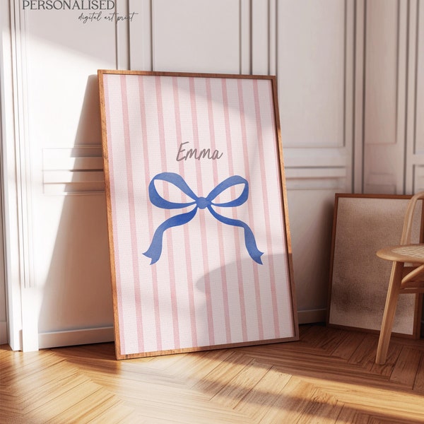 Personalized Blue Bow Art Print: Trendy Girly Coquette Bow Girl Bedroom Watercolor (Digital Download)