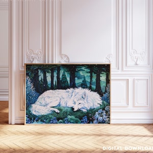 Sleeping White Wolf Blue Floral Enchanted Forest Painting Art Print | Dark Woods White Wolf Nursery Printable Wall Art JPG Digital Download