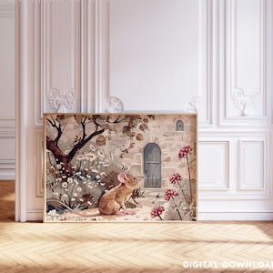 Cute Mouse Wildflower Children&#39;s Book Style Painting Art Print | Floral Mouse House Cottagecore Nursery Printable Art JPG Digital Download