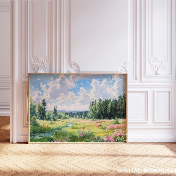 White Cloud Meadow River Wildflower Field Landscape Painting Art Print | Countryside Pink Green Meadow Printable Art JPG Digital Download