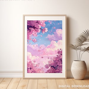 Pink Sakura Sky Spring Cherry Blossoms Anime Style Art Print | Sky View Sakura Tree Japanese Landscape Printable Art JPG Digital Download