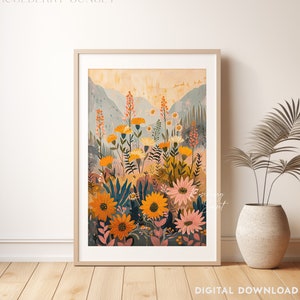 Daisy Wildflower Mountain Landscape Art Print | Sunset Orange Tones Mountain Pink Orange Daisy Flower Printable Art JPG Digital Download