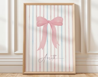 Personalized Pastel Pink Bow Art Print: Coquette Bow Girl Nursery Watercolor (Digital Download)