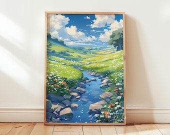 Summer Day River Art Print: Countryside Meadow River Nature Landscape Anime Poster (Digital Download)