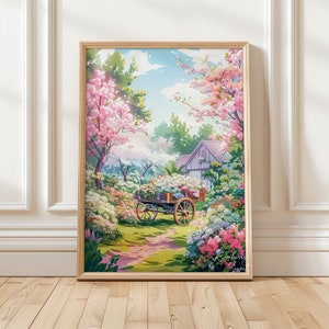 Spring Cottage Flower Garden Painting Art Print | Colorful Flower Wagon Farmhouse Garden Landscape Floral Printable Art JPG Digital Download