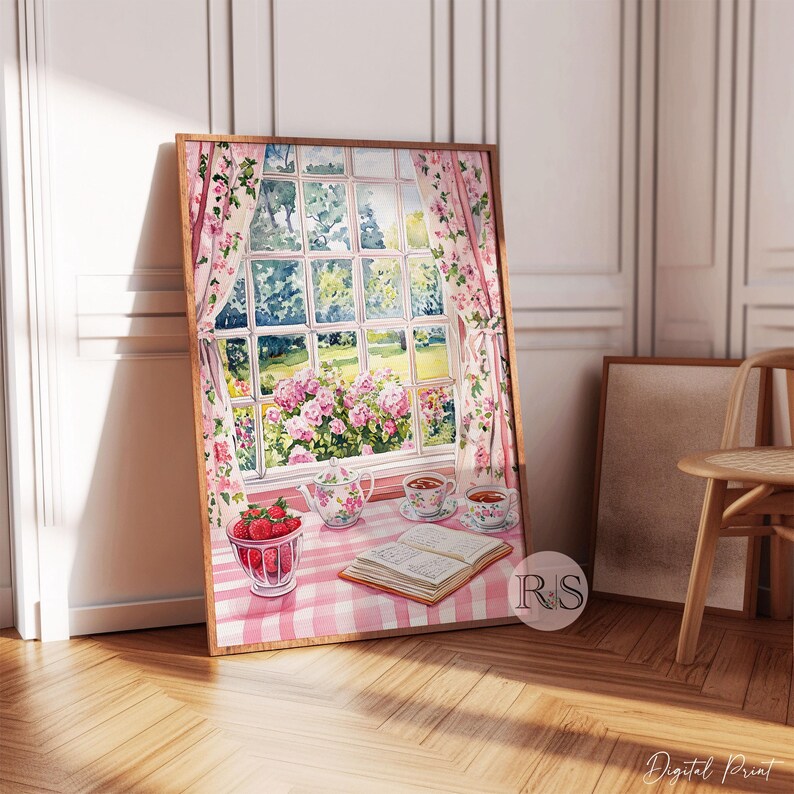 English Cottage Reading Corner Watercolor Art Print | Pink Girly Cottage Spring Cottagecore Garden Lover Printable Art