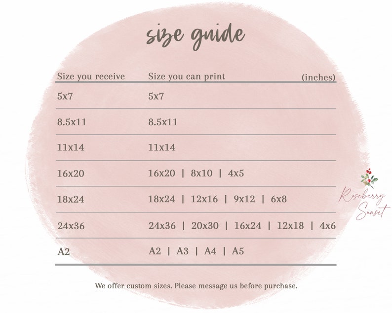 Pu&ograve; includere: Una guida alle dimensioni per stampe d'arte stampabili, che mostra la dimensione che ricevi e la dimensione che puoi stampare. Le dimensioni sono indicate in pollici, con opzioni per 5x7, 8.5x11, 11x14, 16x20, 18x24, 24x36 e A2.