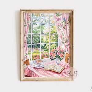 English Cottage Reading Corner Watercolor Art Print | Pink Girly Cottage Spring Cottagecore Garden Lover Printable Art