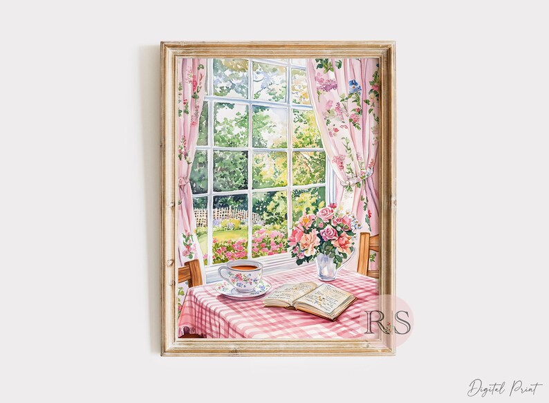 English Cottage Reading Corner Watercolor Art Print | Pink Girly Cottage Spring Cottagecore Garden Lover Printable Art