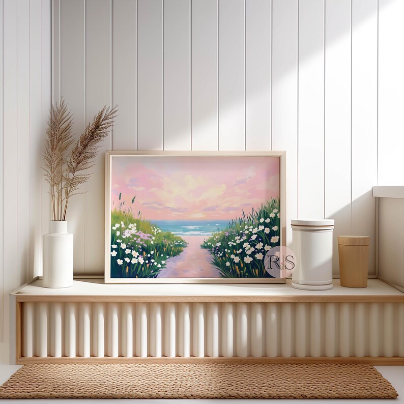 Pink Coastal Landscape Art Print: Pink Sky Beach Spring Wildflower ...