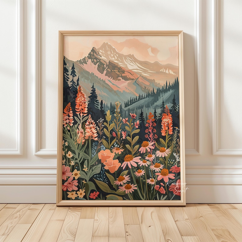 Mountain Wildflower Landscape Art Print: Sunset Tones Orange Pink Daisy ...