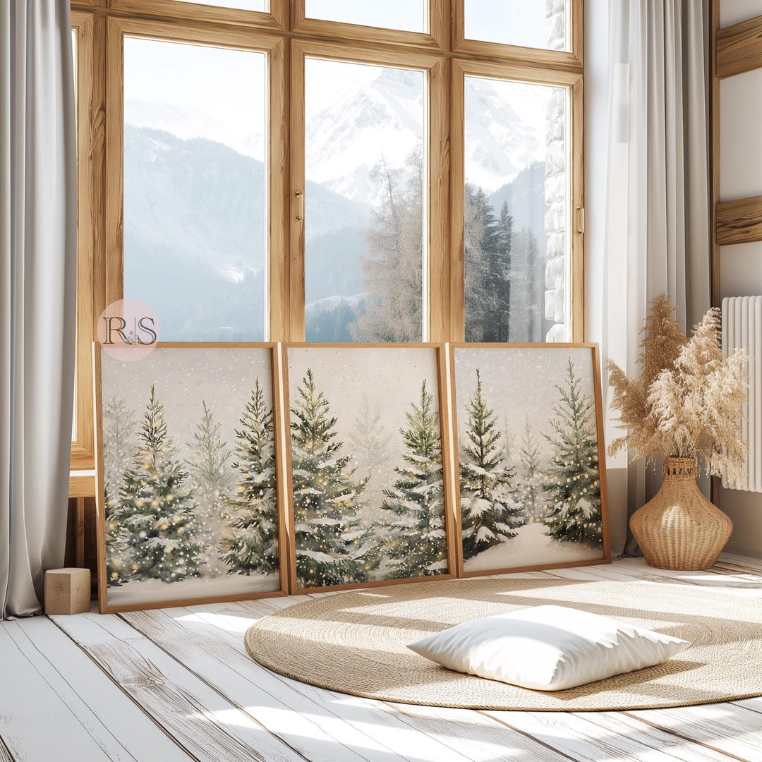 Winter Pine Trees Art Print Set: Snowy Christmas Landscape Watercolor ...