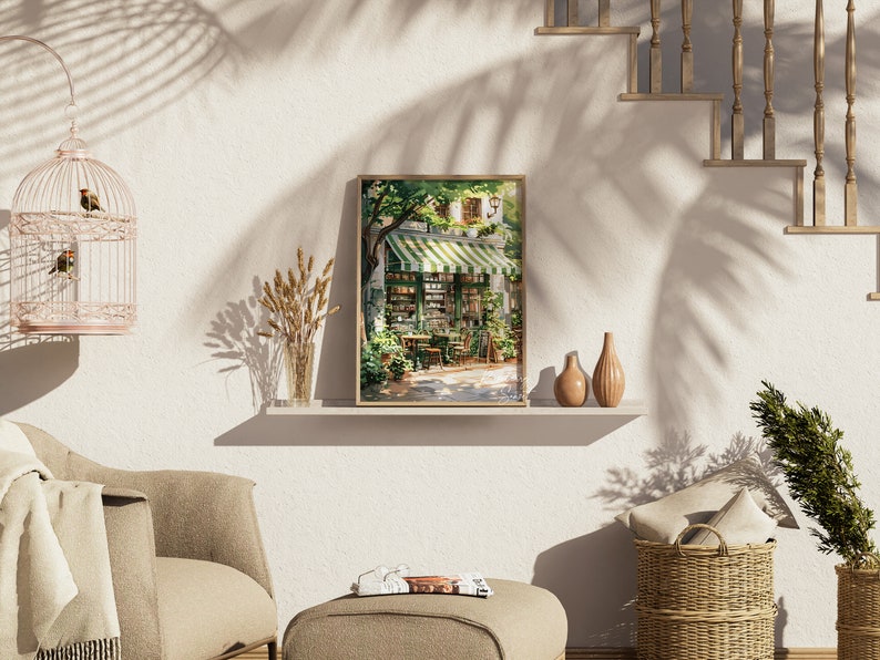 Vintage Coffee Shop French Cafe Painting Art Print | Cozy Coffee Shop Spring Corner Shop Coffee Poster Printable Art