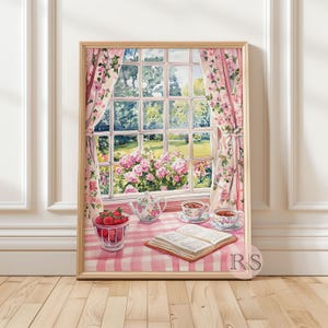 English Cottage Reading Corner Watercolor Art Print | Pink Girly Cottage Spring Cottagecore Garden Lover Printable Art