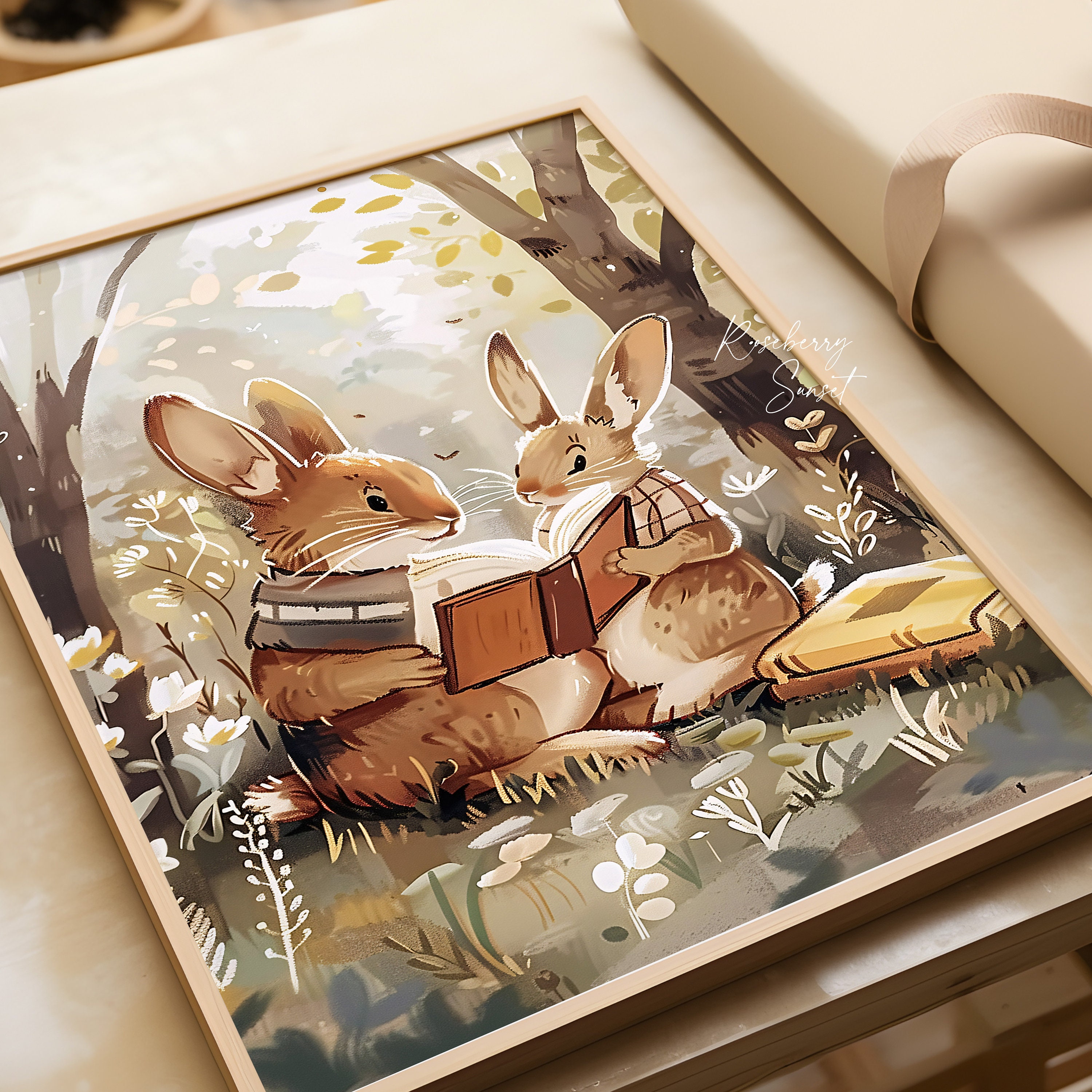 Printable Reader Rabbit Bunnies Reading Corner Art Print: Children's Book Rabbits Reading ...