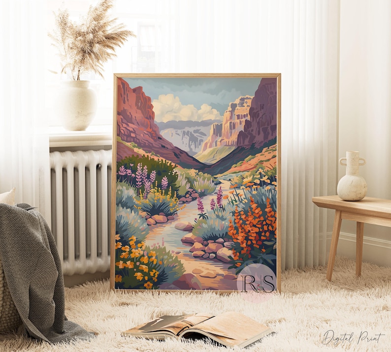 Summer Blooms Mountain River Floral Landscape Art Print | Rocky Mountain Wildflower Muted Toned Landscape Printable Art