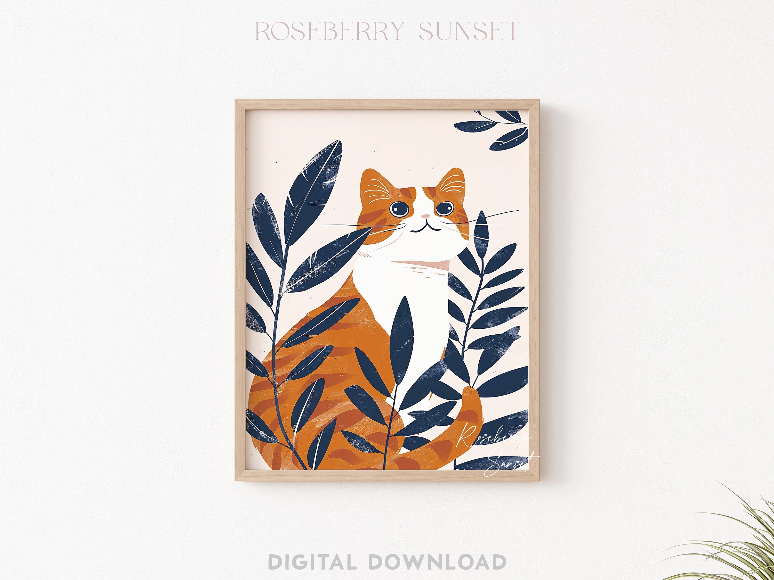 Orange Tabby Cat Boho Botanical Painting Art Print | Boho Minimalist Ginger Cat Botanical Orange Cat Printable Wall Art JPG Digital Download