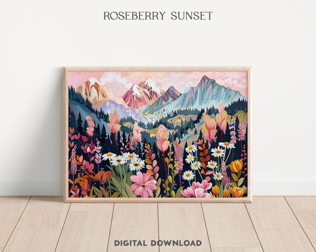 Colorful Wildflower Landscape Art Print: Bright Mountain Spring Floral ...
