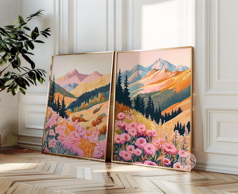 Mountain Spring Wildflower Art Print Set: Colorful Floral Landscape ...