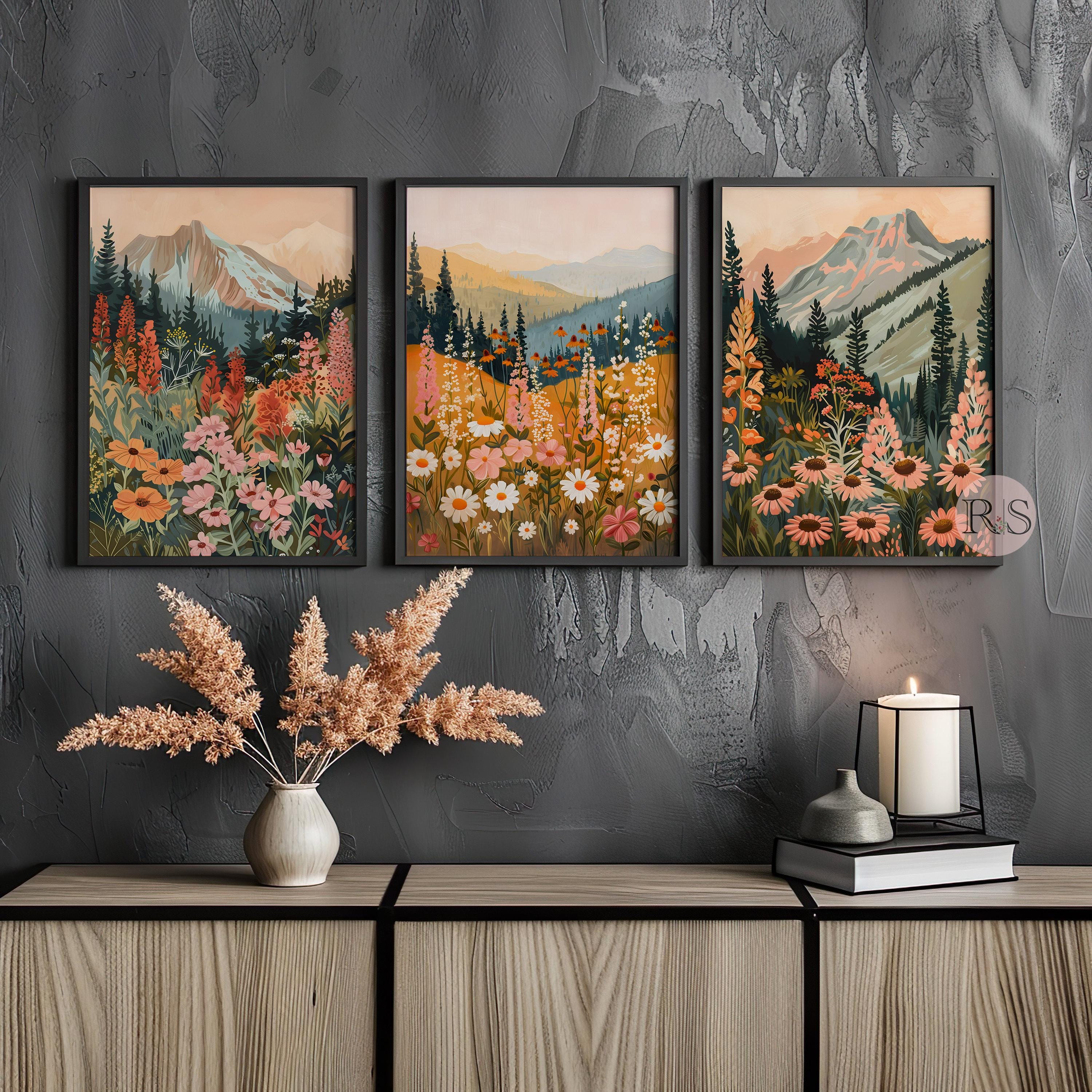 Boho Mountain Wildflower Art Print Set: Earth Tones Sunset Floral ...