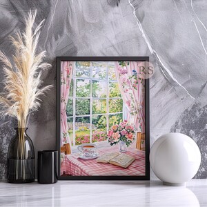 English Cottage Reading Corner Watercolor Art Print | Pink Girly Cottage Spring Cottagecore Garden Lover Printable Art