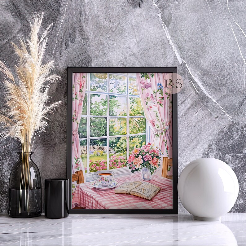 English Cottage Reading Corner Watercolor Art Print | Pink Girly Cottage Spring Cottagecore Garden Lover Printable Art