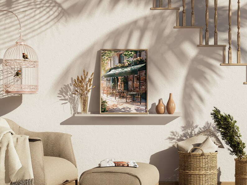 Vintage Coffee Shop French Cafe Painting Art Print | Cozy Coffee Shop Spring Corner Shop Coffee Poster