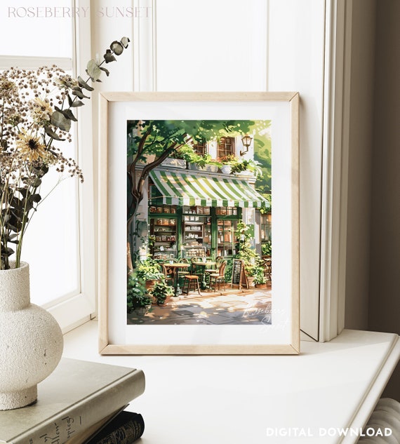 Cozy Coffee Shop French Cafe Art Print: Spring Corner Bakery Kitchen Painting (Digital Download)