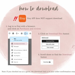 Puede incluir: Un fondo de acuarela rosa y blanco con el texto "how to download" en marr&oacute;n. Debajo del texto hay un cuadro blanco con el logotipo de Etsy y el texto "Etsy APP does NOT support download". Una captura de pantalla del sitio web de Etsy muestra c&oacute;mo descargar archivos digitales desde la secci&oacute;n Compras y rese&ntilde;as. El texto "Nota: Si realiz&oacute; el pago como invitado, el enlace de descarga est&aacute; en su correo electr&oacute;nico de confirmaci&oacute;n del pedido" est&aacute; en la parte inferior de la imagen.