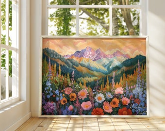 May include: A digital painting depicting a mountain range with a field of wildflowers in the foreground. The mountains are purple and blue, and the sky is a soft orange. The flowers are a variety of colours, including pink, yellow, blue, and red. The text "ROSEBERRY SUNSET" is in the top left corner of the image.