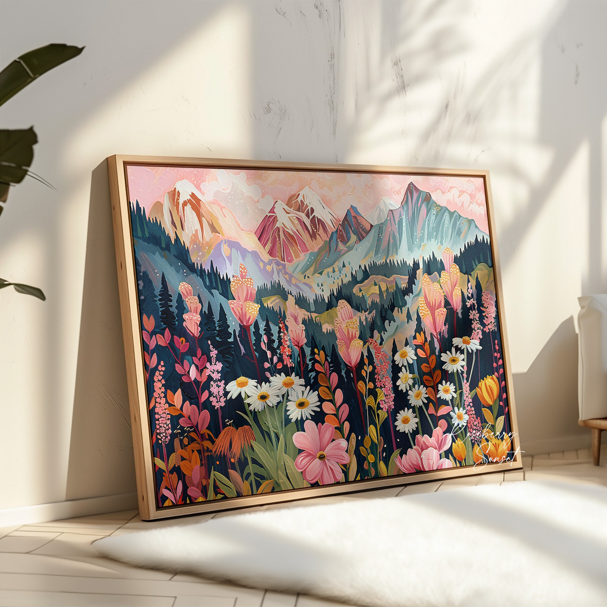Colorful Wildflower Landscape Art Print: Bright Mountain Spring Floral ...