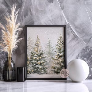 Snowy Pine Trees Landscape Art Print: Christmas Winter Forest ...