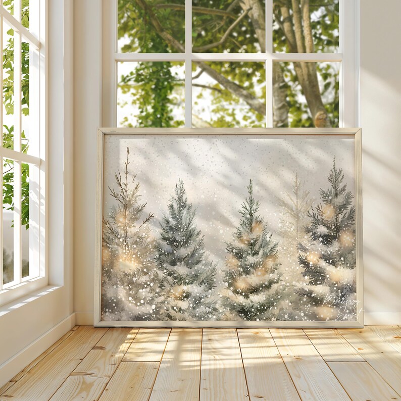 Christmas Trees Winter Landscape Art Print: Snowy Pine Tree Forest ...